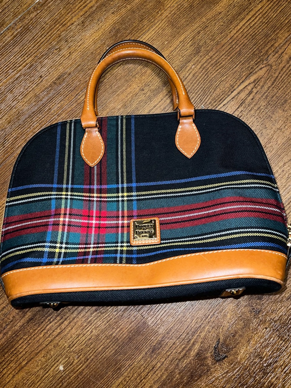 Dooney & Bourke Navy Quiet Luxury Plaid Red Tartan Leather Trim Zip Up Satchel - Picture 3 of 15